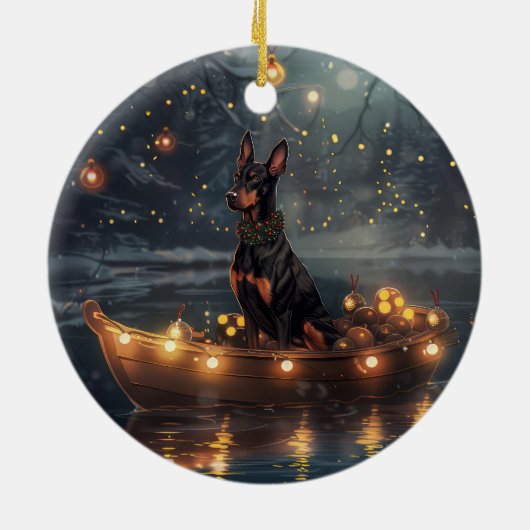 Doberman Kerstfeest reis Keramisch Ornament (Achterkant)