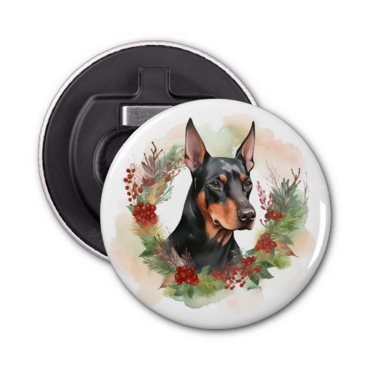 Doberman Kerstkrans feestelijke pup Button Flesopener (Voorkant)