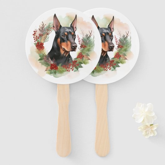 Doberman Kerstkrans feestelijke pup Handwaaier (Voorkant en achterkant)