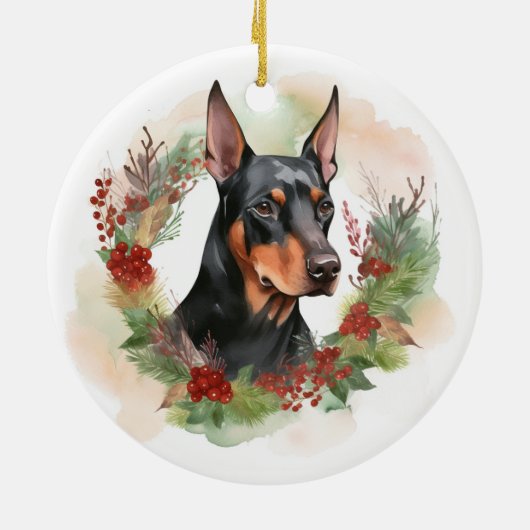 Doberman Kerstkrans feestelijke pup Keramisch Ornament (Achterkant)