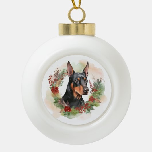 Doberman Kerstkrans feestelijke pup Keramische Bal Ornament (Voorkant)