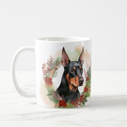Doberman Kerstkrans feestelijke pup Koffiemok (Links)