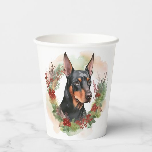 Doberman Kerstkrans feestelijke pup Papieren Bekers (Achterkant)