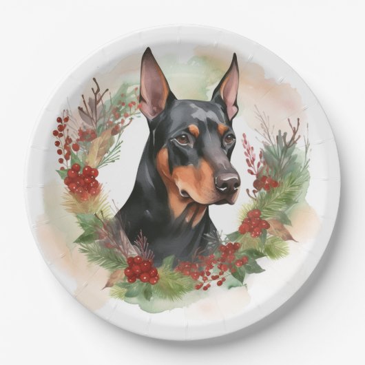 Doberman Kerstkrans feestelijke pup Papieren Bordje (Voorkant)