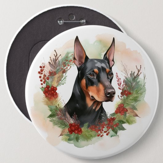 Doberman Kerstkrans feestelijke pup Ronde Button 6,0 Cm (Voorkant /achterkant)