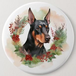 Doberman Kerstkrans feestelijke pup Ronde Button 6,0 Cm