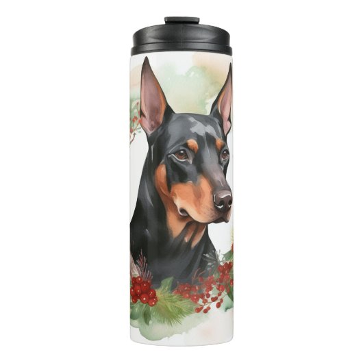 Doberman Kerstkrans feestelijke pup Thermosbeker (Voorkant)