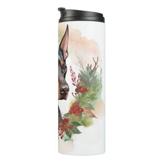 Doberman Kerstkrans feestelijke pup Thermosbeker (Geroteerd rechts)