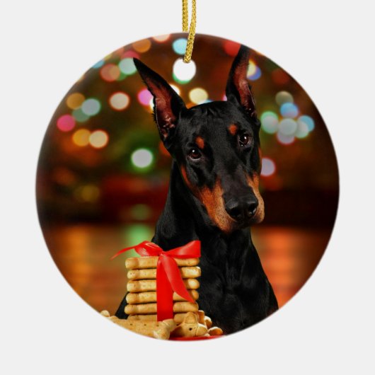 Doberman Kerstmis Keramisch Ornament (Voorkant)
