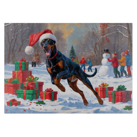 Doberman loopt in de sneeuw met kerst Pet Snijplank (Voorkant)
