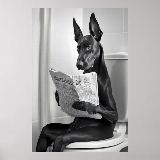 Doberman on Toilet, Newspaper, Funny Bathroom Art Poster (Voorkant)