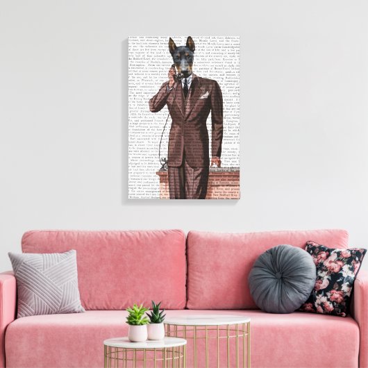 Doberman op telefoon canvas afdruk (Insitu (Woonkamer))