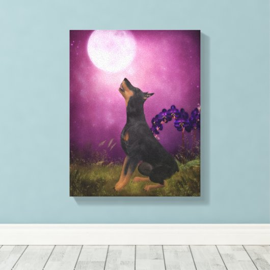 Doberman Paars Fantasy Orchids Dog Art Canvas Afdruk (Insitu (Houten vloer))
