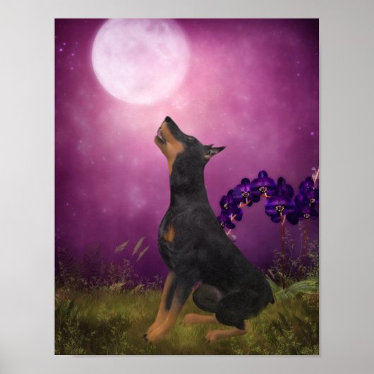 Doberman Paars Fantasy Orchids Dog Art Poster (Voorkant)