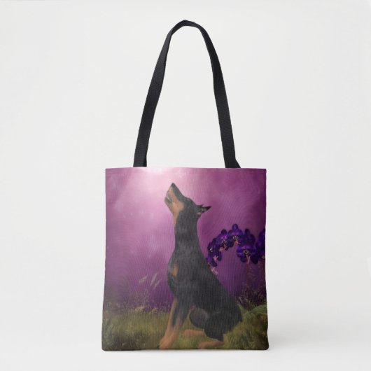 Doberman Paars Fantasy Orchids Dog Art Tote Bag (Voorkant)