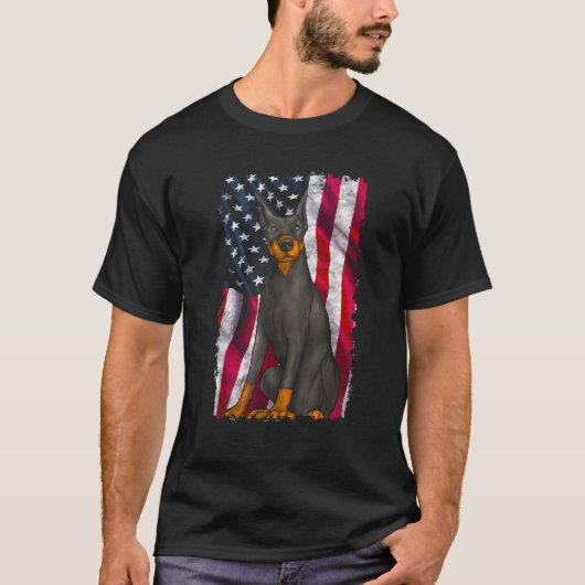 Doberman Pinscher American Flag 4th of July US Pat T-shirt (Voorkant)