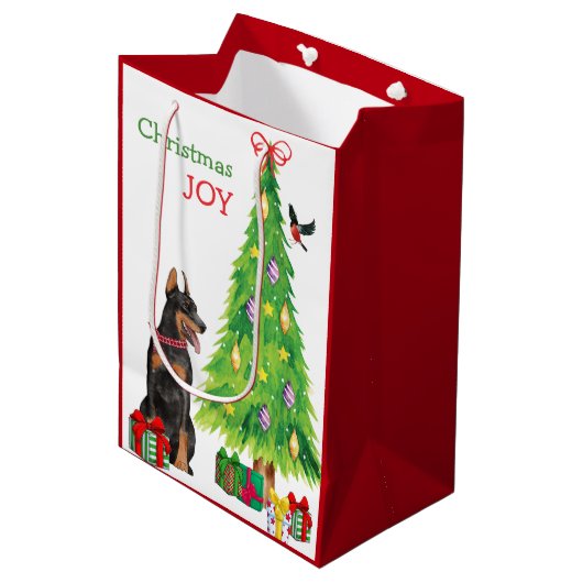 Doberman Pinscher, Bird en Kerstboom Medium Cadeauzakje (Voorkant Gekanteld)
