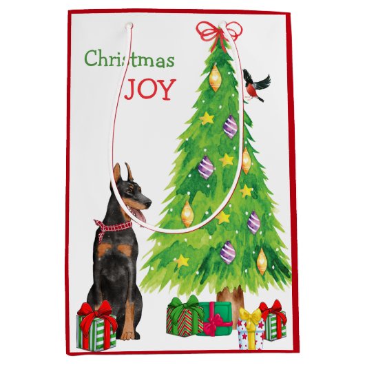 Doberman Pinscher, Bird en Kerstboom Medium Cadeauzakje (Voorkant)