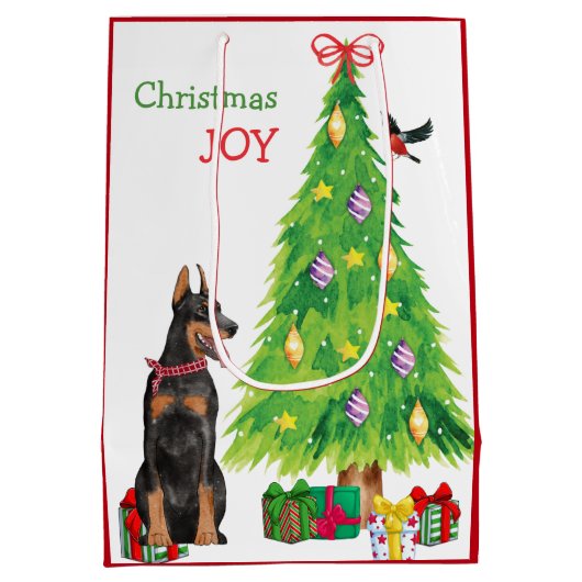 Doberman Pinscher, Bird en Kerstboom Medium Cadeauzakje (Achterkant)