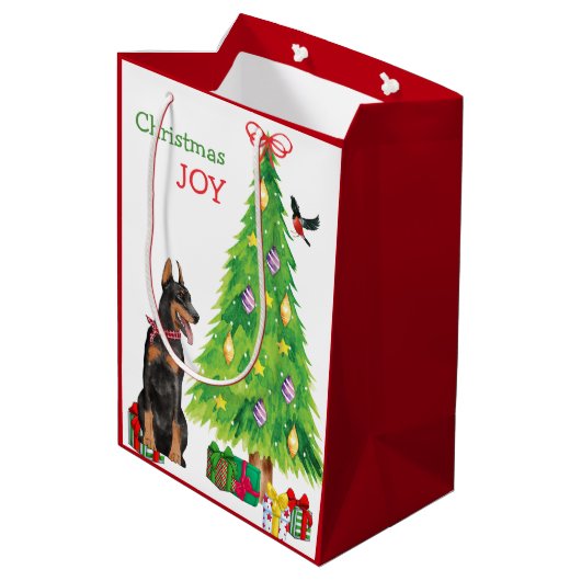 Doberman Pinscher, Bird en Kerstboom Medium Cadeauzakje (Achterkant Gekanteld)