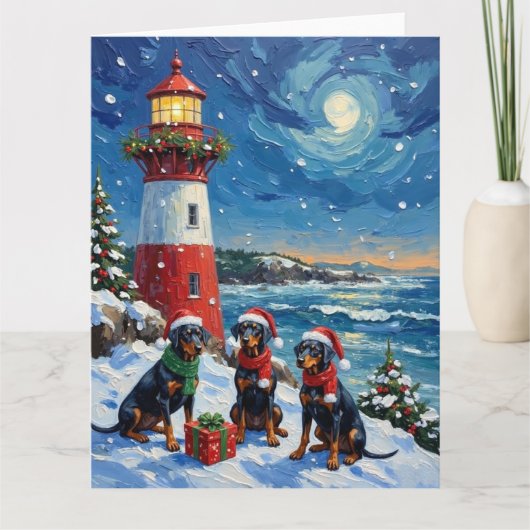 Doberman Pinscher Christmas Lighthouse Holiday Kaart (Voorkant)