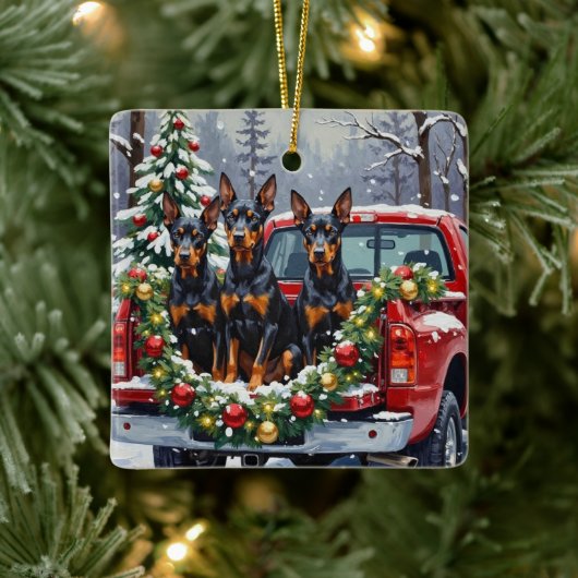 Doberman Pinscher Christmas Red Truck Holiday Keramisch Ornament (Boom)