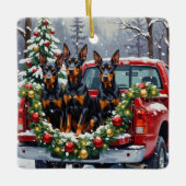 Doberman Pinscher Christmas Red Truck Holiday Keramisch Ornament (Voorkant)