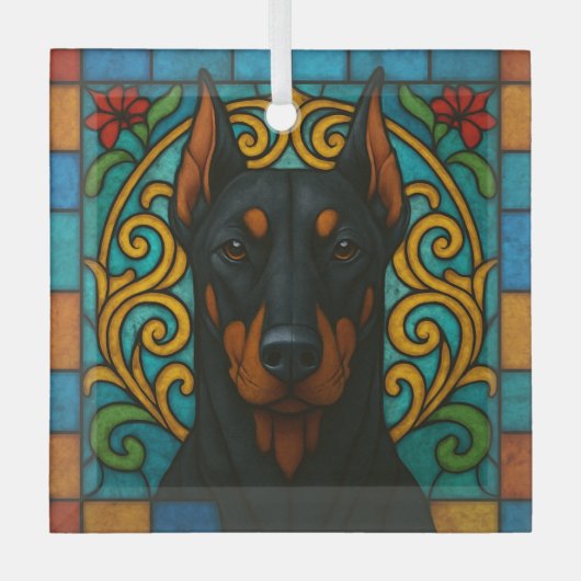 Doberman Pinscher Cropped Dog "Glas in lood" Glas Ornament (Voorkant)