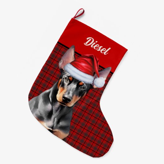 Doberman Pinscher Dog Holiday Plaid Personalized Grote Kerstsok (Voorkant (Hangend))