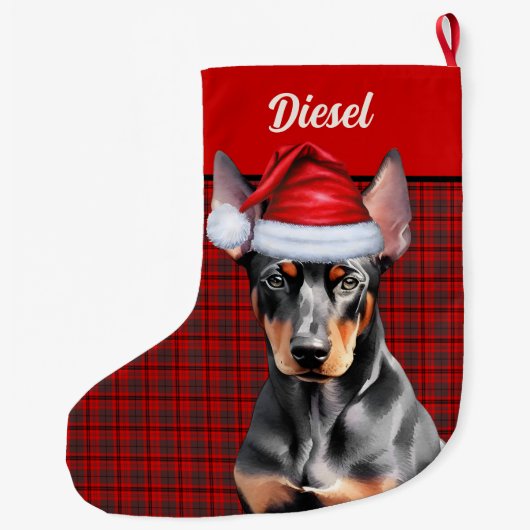 Doberman Pinscher Dog Holiday Plaid Personalized Grote Kerstsok (Achterkant)