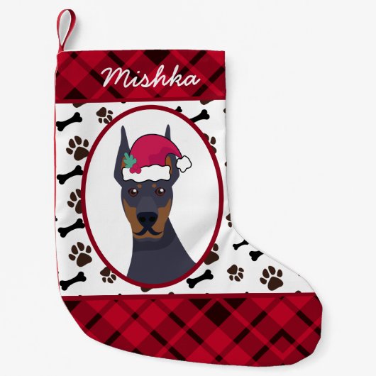 Doberman Pinscher Dog Kerstmis, Aangepaste naam vo Kleine Kerstsok (Voorkant)