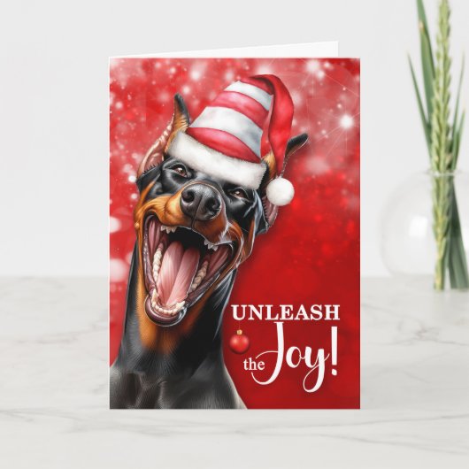 Doberman Pinscher Dog laat de kerstvreugde los Feestdagen Kaart (Voorkant)