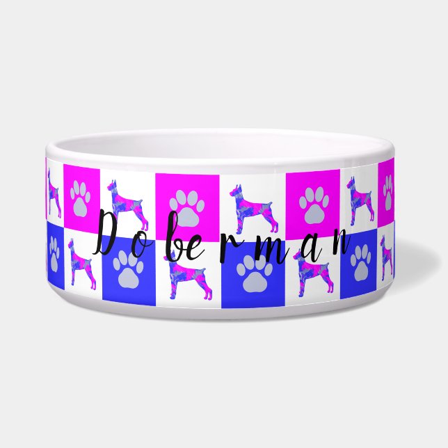 Doberman Pinscher Dog & Paw Hot Pink & Blue Voerbakje (Voorkant)