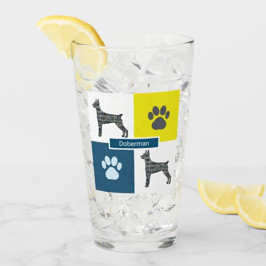 Doberman Pinscher Dog Silhouette & Paw Y&B Grid Glas (Voorkant ijs)