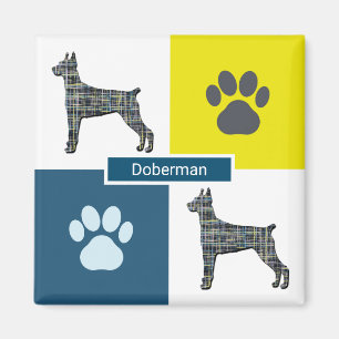 Doberman Pinscher Dog Silhouette & Paw Y&B Grid Magneet