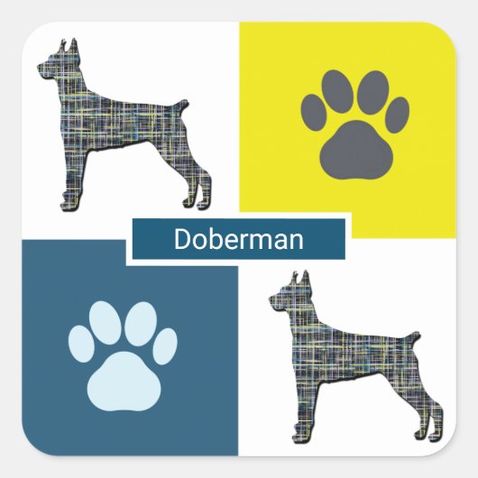 Doberman Pinscher Dog Silhouette & Paw Y&B Grid Vierkante Sticker (Voorkant)