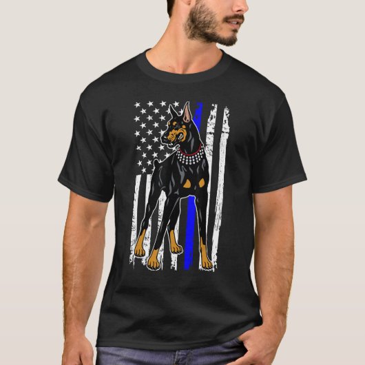 Doberman Pinscher Dunne Blauwe Lijn Amerika Vlag T-shirt (Voorkant)