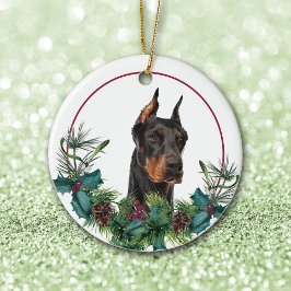 Doberman Pinscher Evergreen Berry Wreath Keramisch Ornament