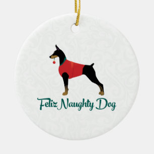 Doberman Pinscher Feliz Naughty Dog Kerstmis Keramisch Ornament