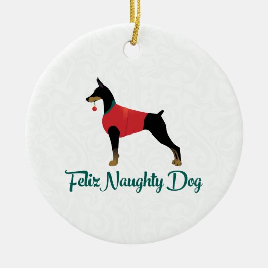 Doberman Pinscher Feliz Naughty Dog Kerstmis Keramisch Ornament (Voorkant)