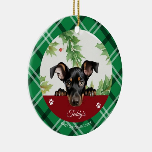 Doberman Pinscher gepersonaliseerd Eerste Kerstmis Keramisch Ornament (Rechts)