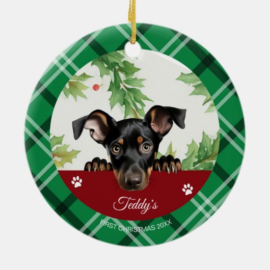 Doberman Pinscher gepersonaliseerd Eerste Kerstmis Keramisch Ornament (Achterkant)