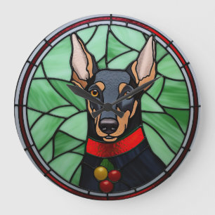 Doberman Pinscher Glas in lood Kerstmis Grote Klok