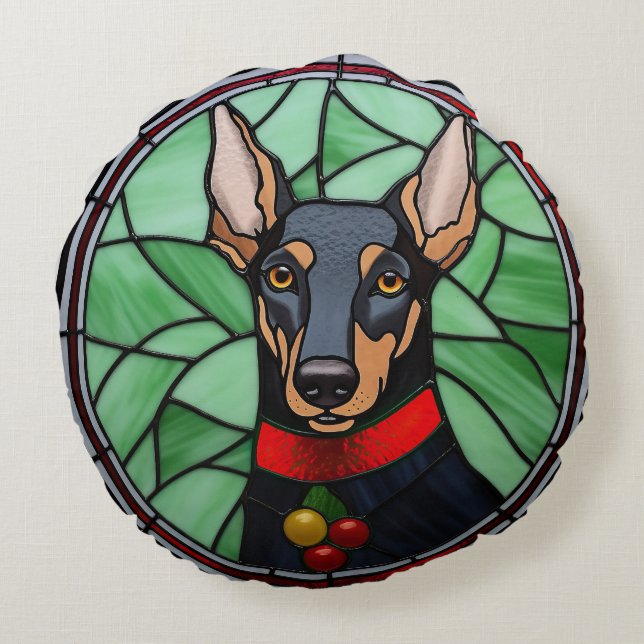 Doberman Pinscher Glas in lood Kerstmis Rond Kussen (Achterkant)