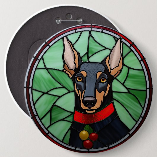 Doberman Pinscher Glas in lood Kerstmis Ronde Button 6,0 Cm (Voorkant /achterkant)