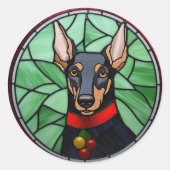 Doberman Pinscher Glas in lood Kerstmis Ronde Sticker (Voorkant)
