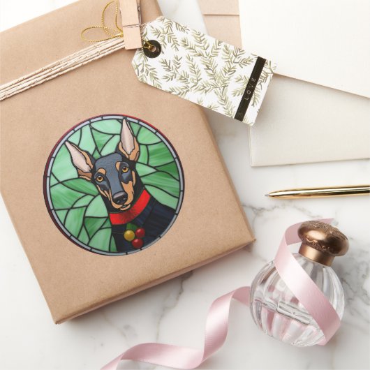 Doberman Pinscher Glas in lood Kerstmis Ronde Sticker (Geschenken)