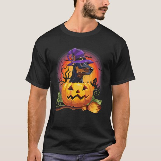 Doberman Pinscher Heksenpompoen Halloween Hond T-shirt (Voorkant)
