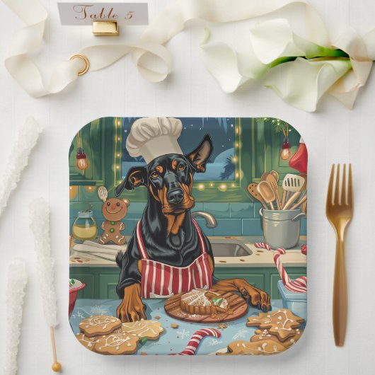 Doberman Pinscher Holiday Baking Feestelijke Kerst Papieren Bordje (Huwelijk)