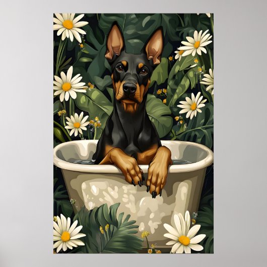 Doberman Pinscher In Bathtub Poster, Funny Dog Poster (Voorkant)